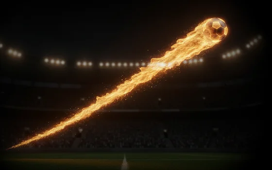 Stylised illustration of a football trailing flames as it arcs across a floodlit stadium, representing Betiator's crash-style multiplier climb