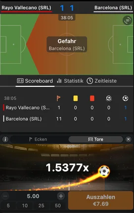 Live match pitch marked "Gefahr" during a Barcelona (SRL) attack at 1-1, with the Betiator widget below showing a 1.5377x multiplier and a greyed-out "Auszahlen €7.69" cash-out button